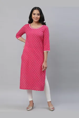 Round neck Ethnic Motifs Printed Thread Work Straight Cotton Kurta