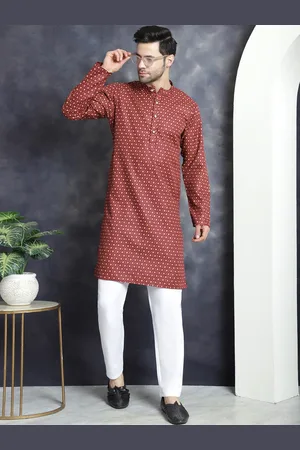 Maroon Geometric Printed Straight Mandarin Collar Kurta With Pyjama