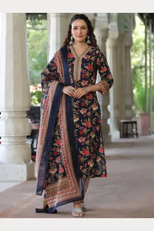 Floral Printed V-Neck Pure Cotton Kurta with Trousers & With Dupatta