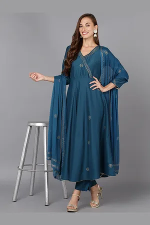 Floral Foil Printed Gotta Patti Angrakha Anarkali Kurta & Trousers With Dupatta