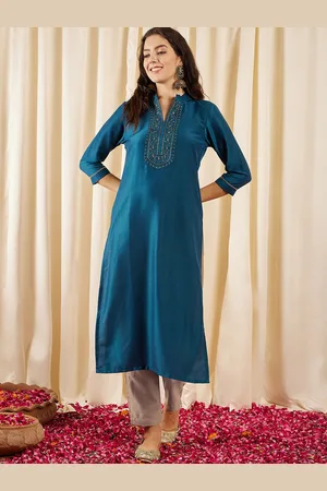 Floral Yoke Design Mandarin Collar Thread Work Straight Kurta