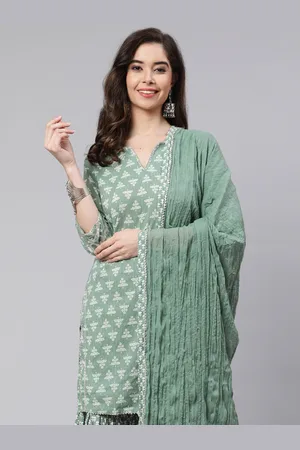 Green Ethnic Printed Regular Cotton Gotta Patti Kurta With Sharara & Dupatta