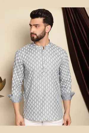 Grey Ethnic Motifs Printed Band Collar Cotton Linen Straight Kurta