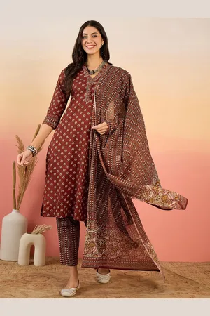Floral Printed Pure Cotton V Neck Kurta With Trousers & Dupatta