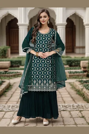 Round Neck Floral Embroidered Straight Kurta With Sharara & Dupatta