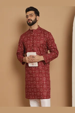 Men Maroon Geometric Printed Thread Work Pathani Kurta