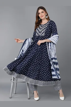 Women Blue Printed Empire Pure Cotton Kurta with Trousers & With Dupatta